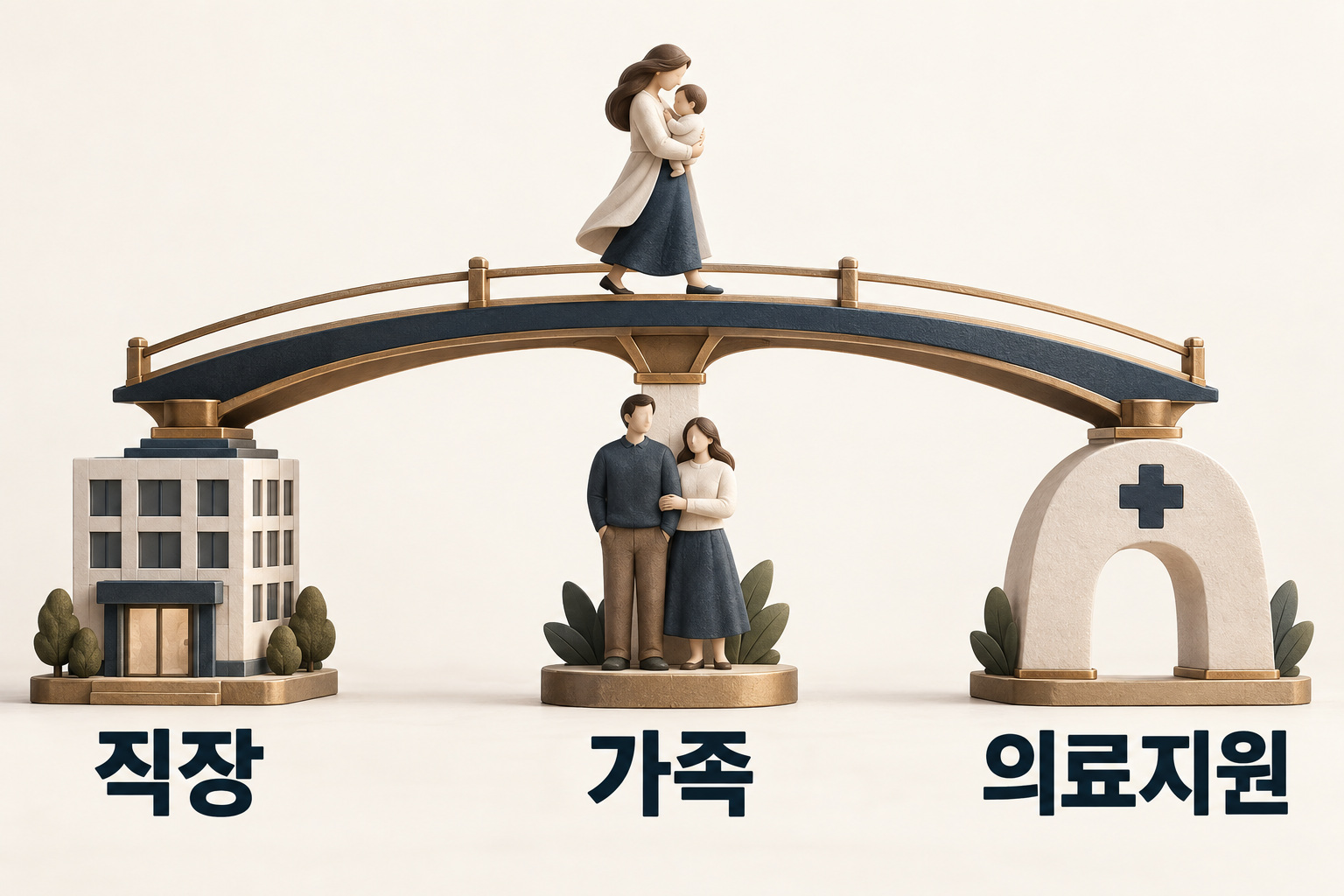 직장·가족·의료지원이라는 세 받침이 산모와 아기의 생활을 함께 지지하는 다리 모형