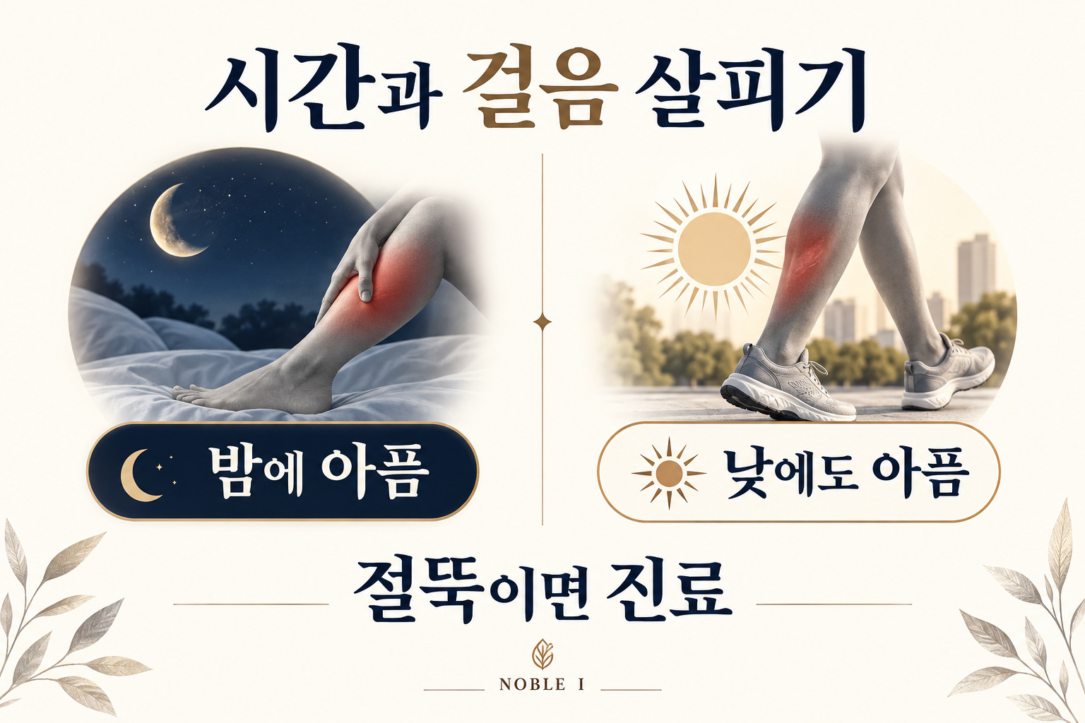 밤과 낮의 통증 및 절뚝임을 구분해 살피는 인포그래픽