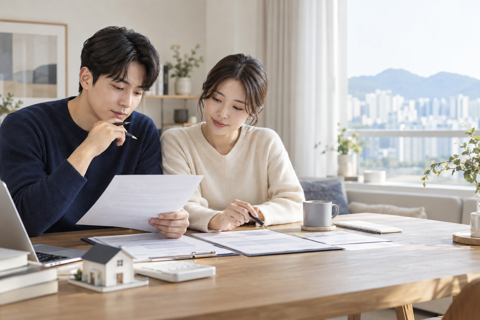 신혼부부가 집에서 전세대출 관련 서류를 함께 확인하는 설명용 연출 사진