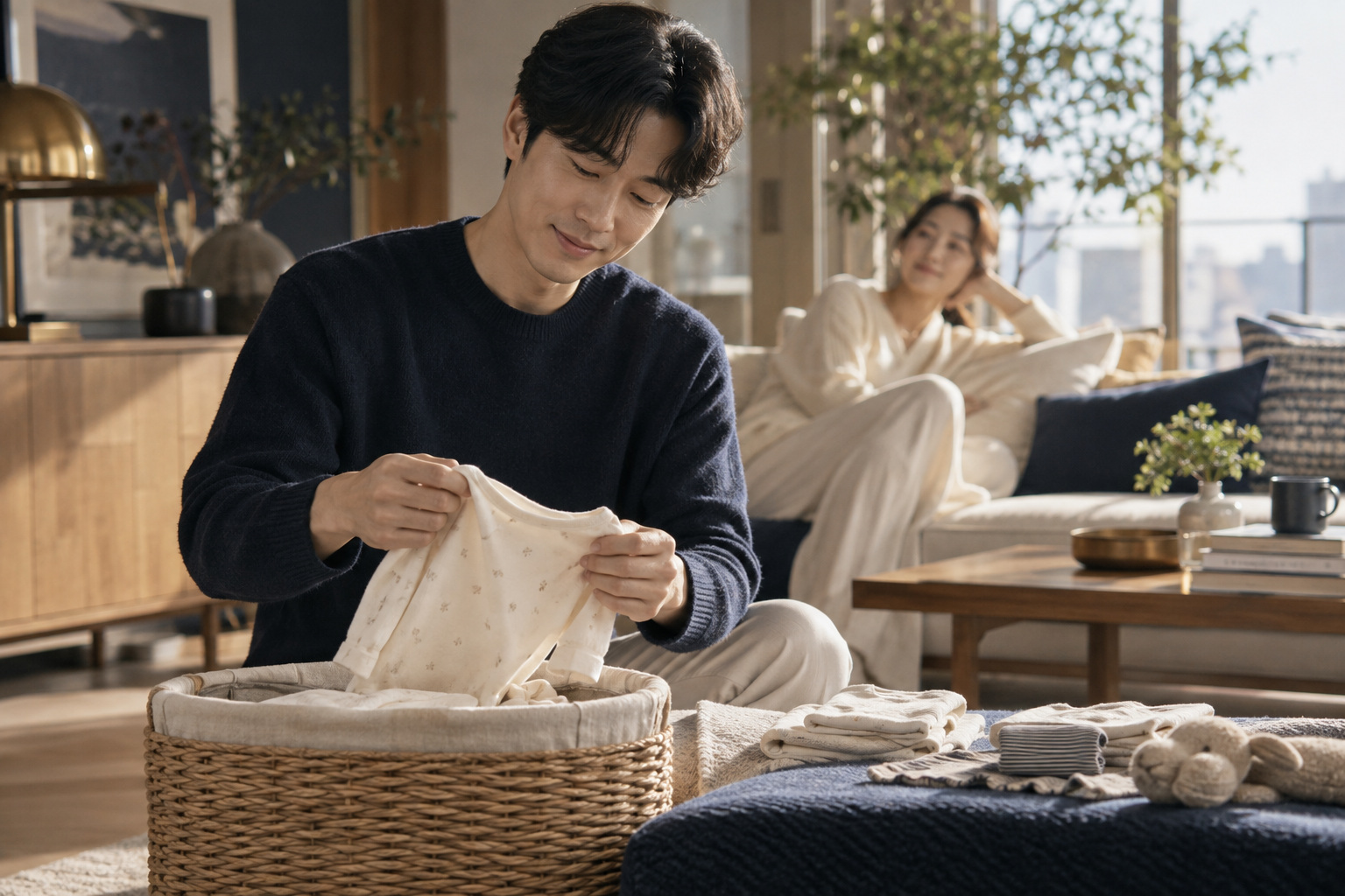 아기 옷을 정리하는 성인 남성과 소파에서 쉬는 성인 여성의 가정생활 장면