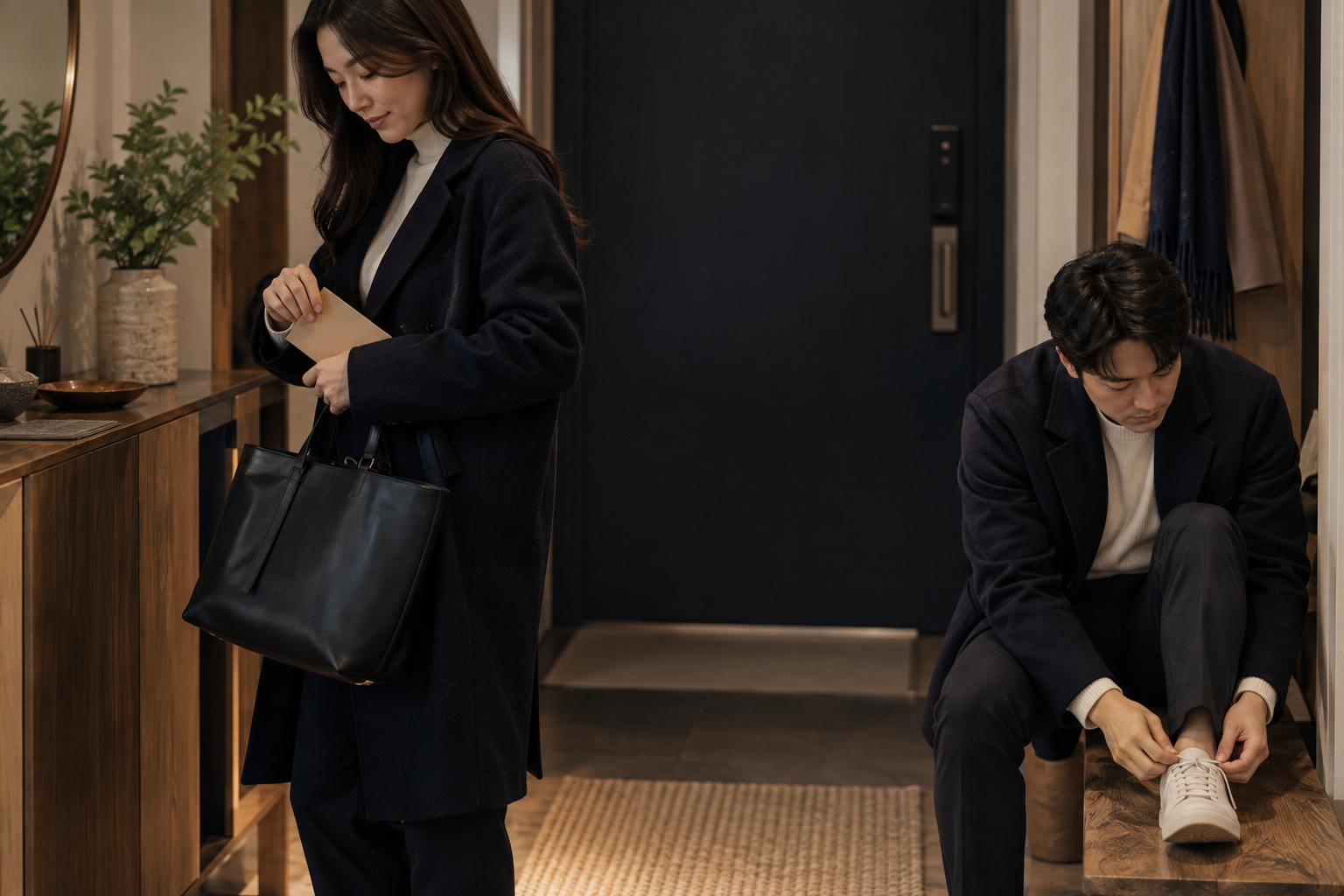 검사 방문을 앞두고 현관에서 서류봉투와 가방을 챙기는 성인 부부의 일상 장면