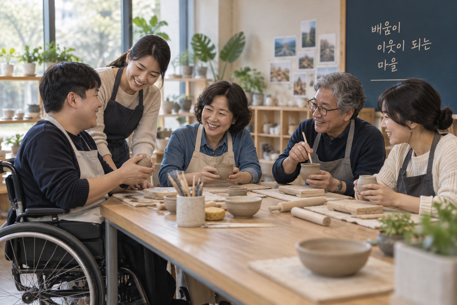 접근하기 편한 테이블에서 함께 배우는 성인 학습모임을 표현한 장면