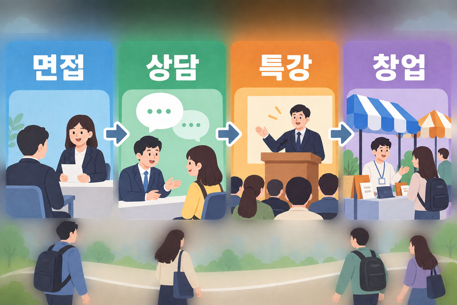 현장면접과 취업상담, 특강, 창업마켓을 목적별로 나눈 행사 이용 안내
