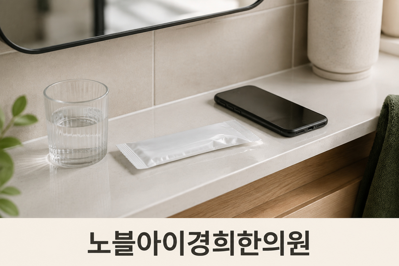 욕실 선반에 밀봉된 검사 포장과 휴대전화를 놓은 장면