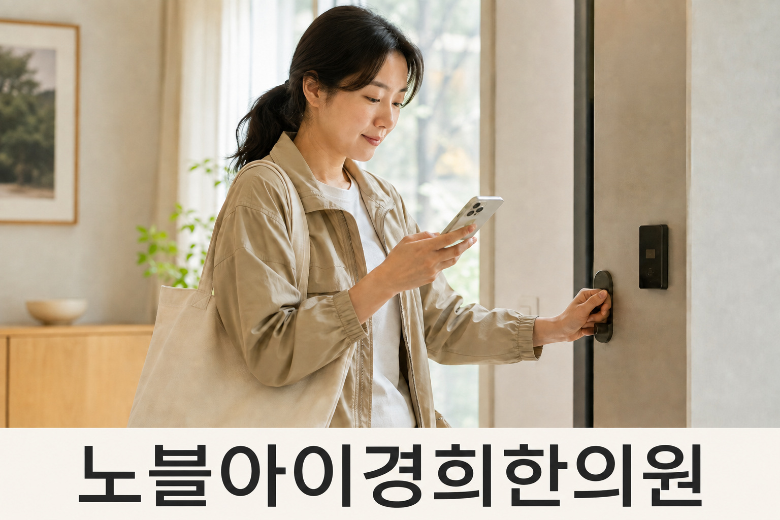 외출에 앞서 현관에서 휴대전화를 확인하는 여성