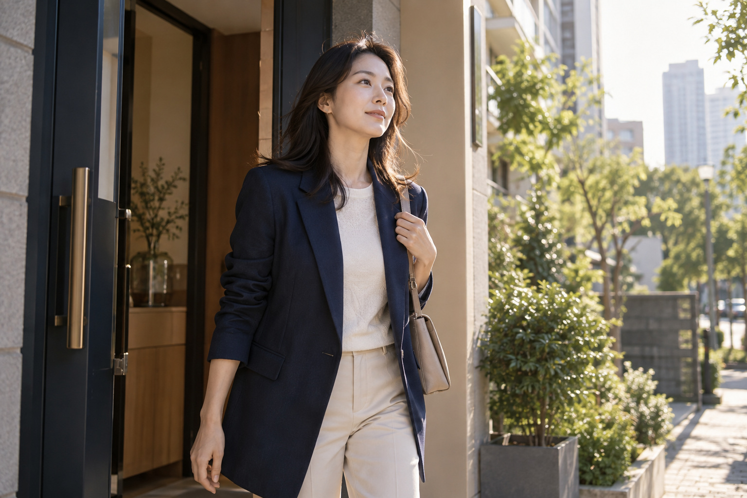 가방을 메고 집 현관에서 바깥으로 나서는 성인 여성의 일상 장면