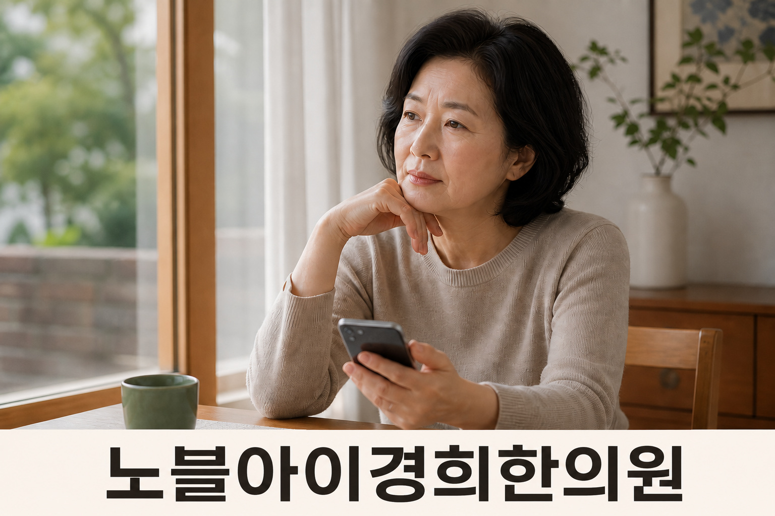 창가에서 휴대전화를 들고 생각에 잠긴 중년 여성의 생활 장면
