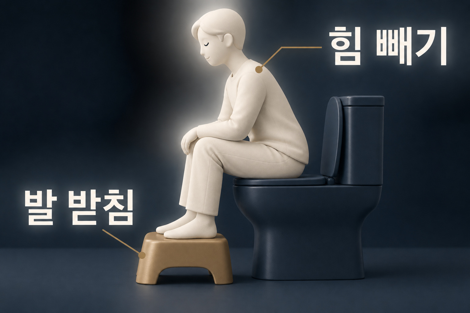 발 받침으로 무릎을 높이고 상체를 편안하게 기울인 배변 자세를 보여주는 교육용 도식