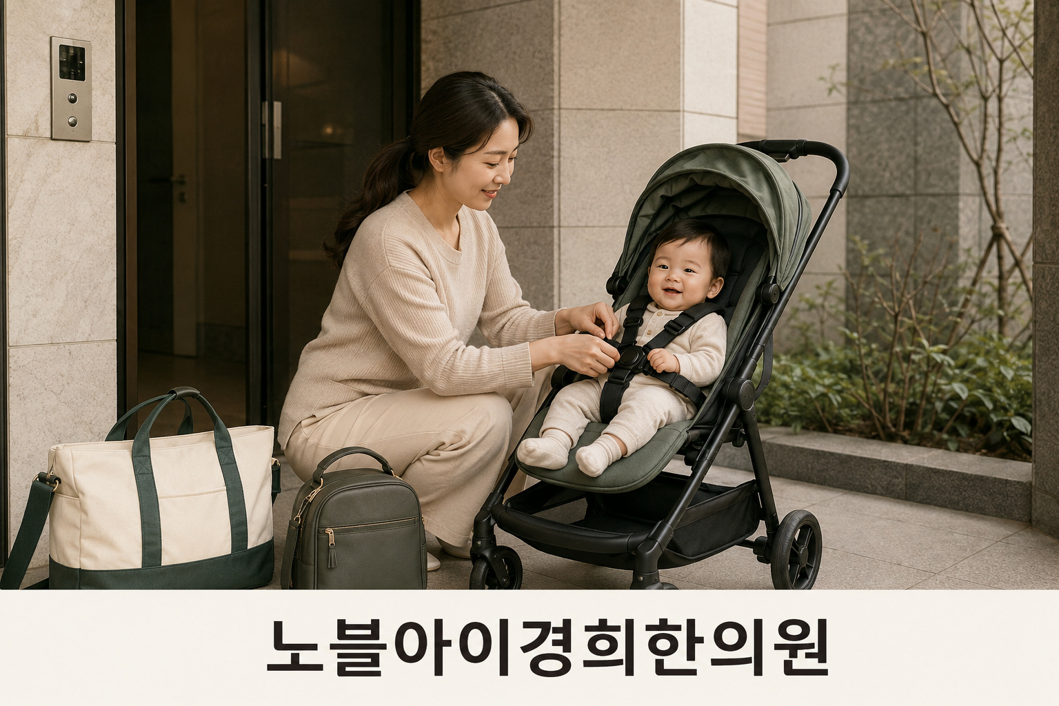 아파트 입구에서 여성이 깨어 있는 아기의 유모차 안전띠를 확인하고, 자신의 가방과 아기 가방을 나란히 둔 장면