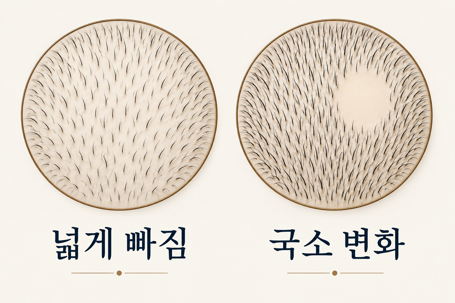 넓게 퍼진 숱 감소와 한 부분이 비는 변화를 구분하는 개념도