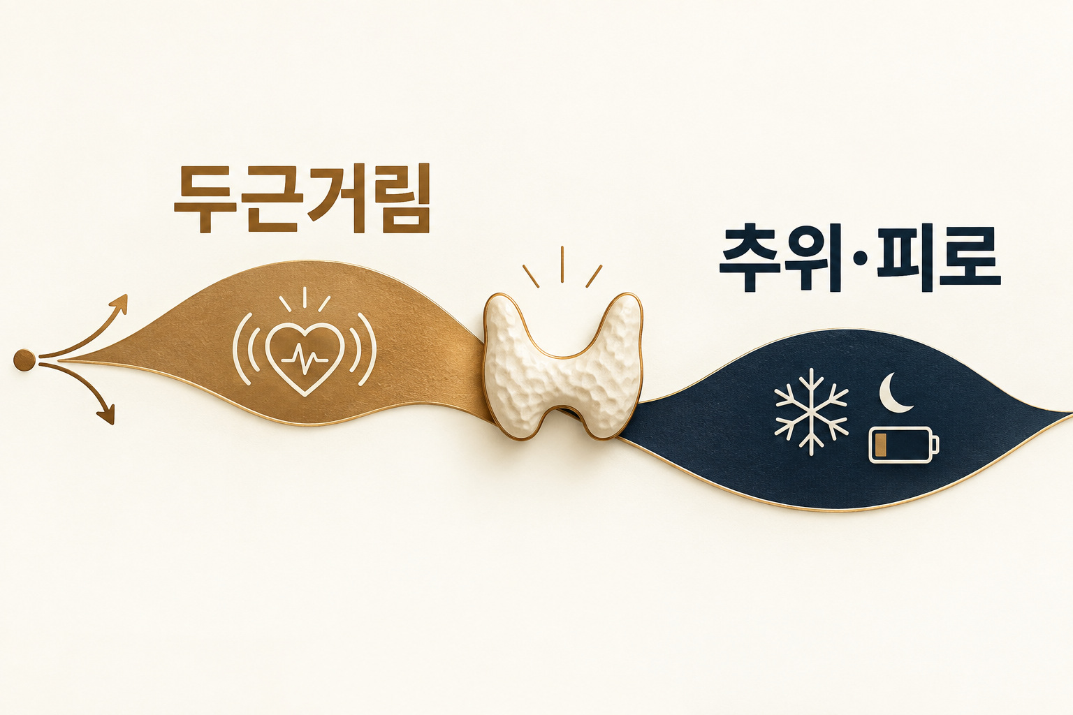 갑상선 기능 변화에 따라 두근거림과 추위·피로가 다르게 나타날 수 있음을 표현한 물결 도식