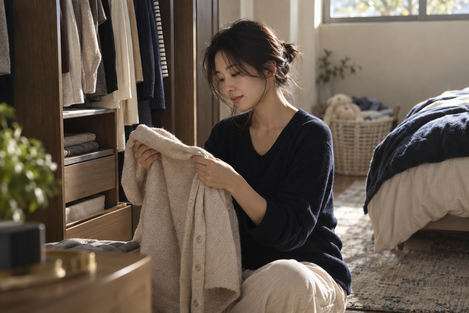 옷장 앞에서 가디건을 고르는 출산 후 여성의 생활 장면