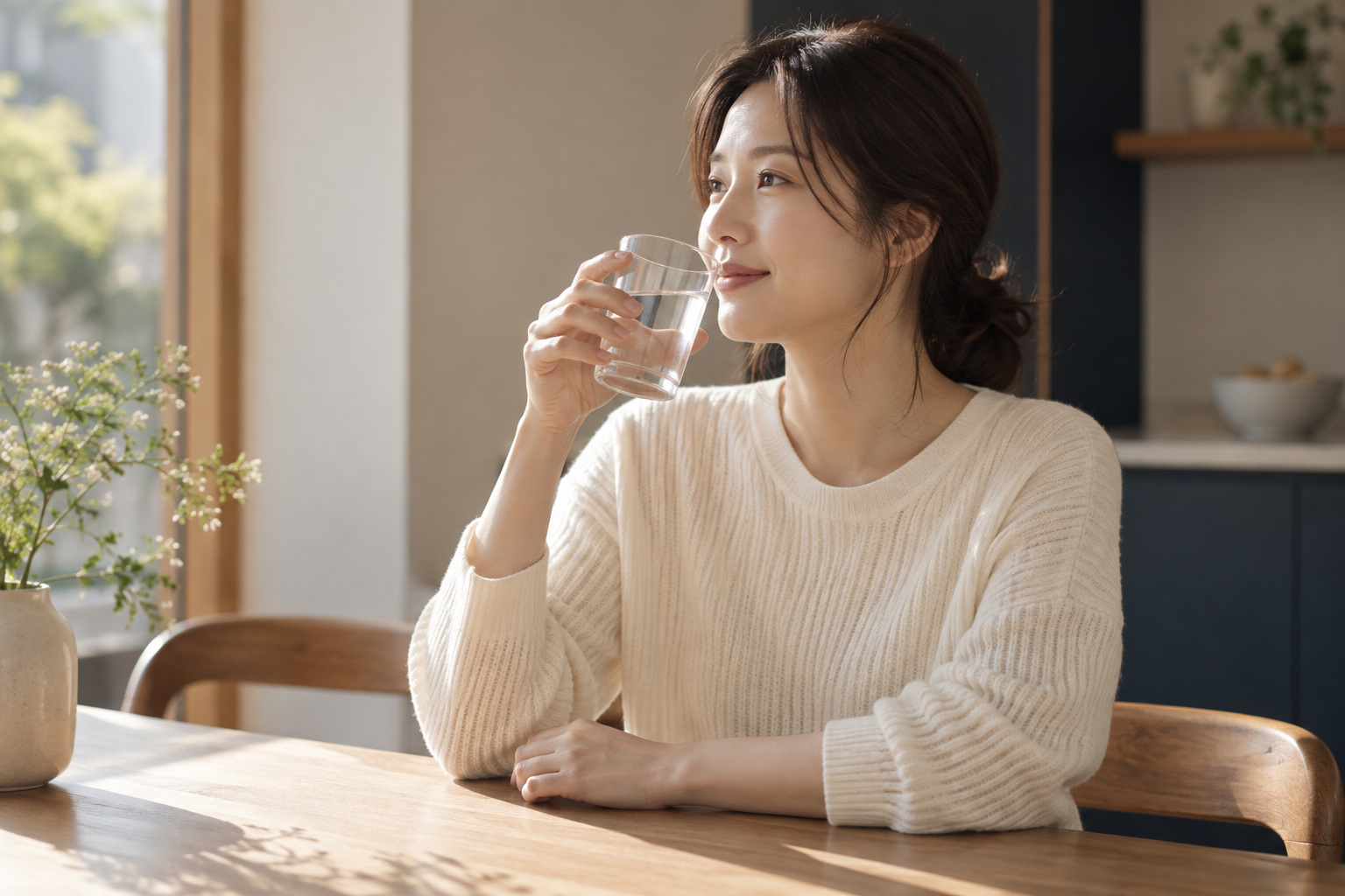집에서 물잔을 들고 일상적인 수분 섭취를 하는 성인 여성의 장면