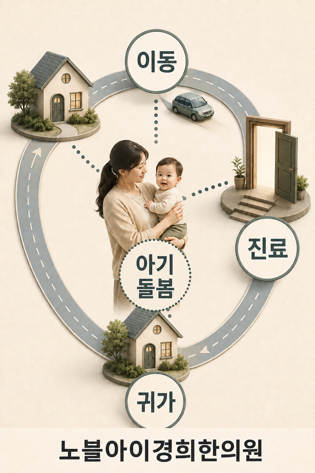 집에서 이동·진료·귀가로 이어지는 방문 동선에 보호자의 아기 돌봄을 연결한 도식