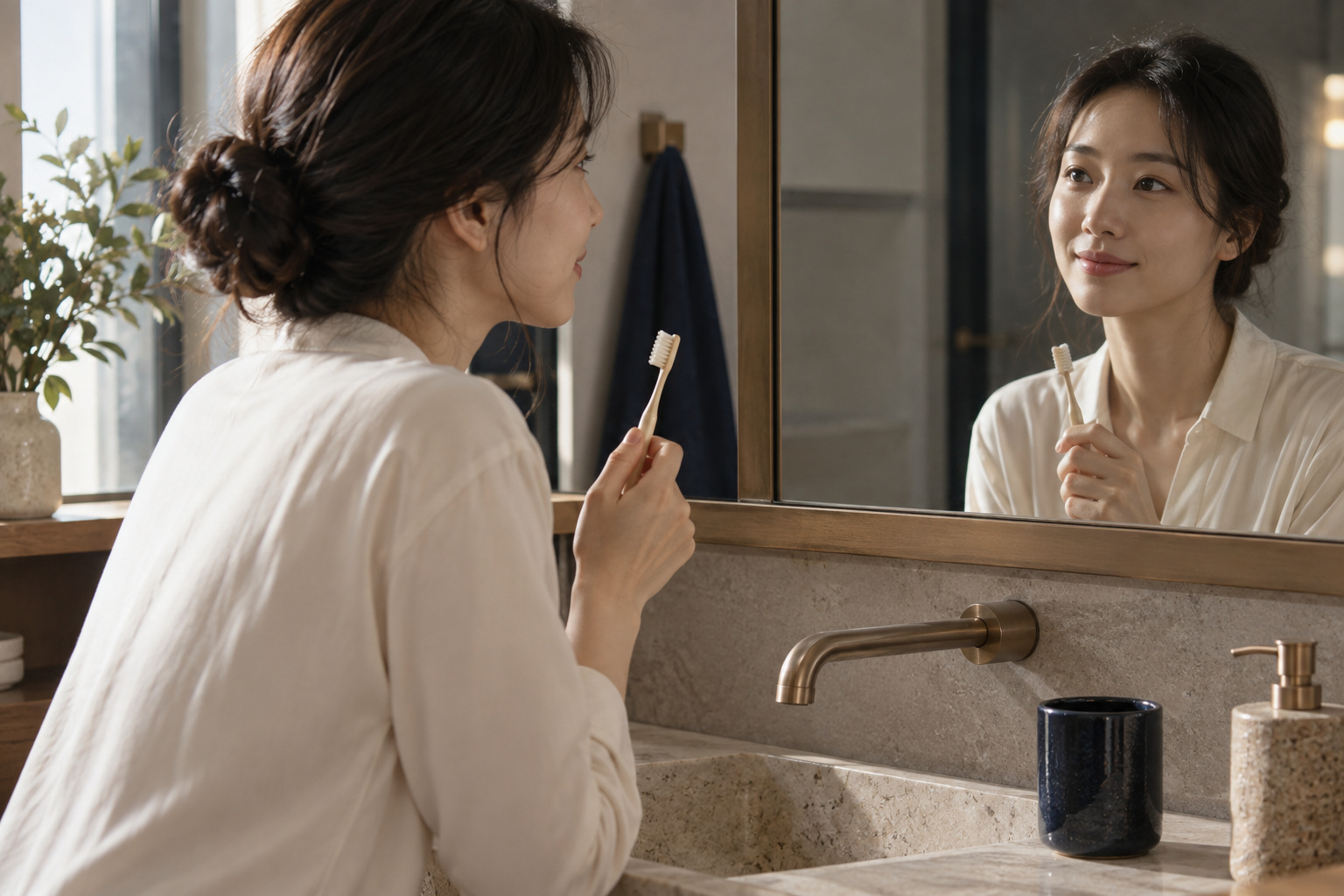 집 세면대에서 부드러운 칫솔을 들고 구강 관리를 준비하는 성인 여성