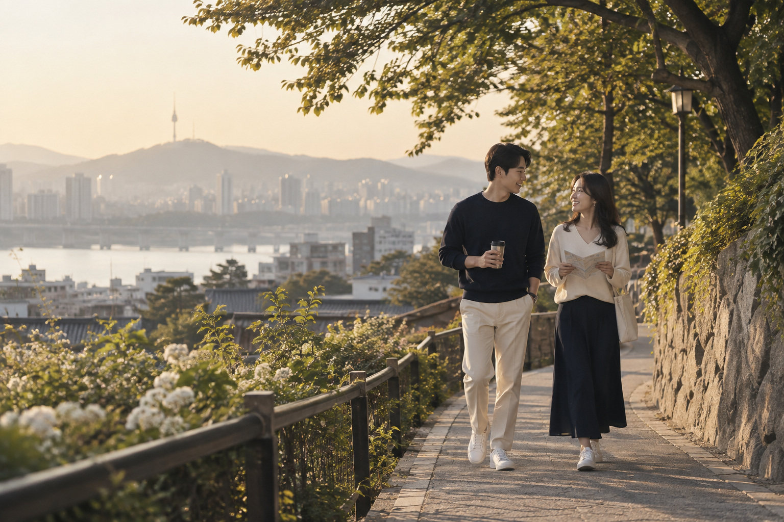 함께 걸으며 일상의 계획을 이야기하는 성인 두 사람