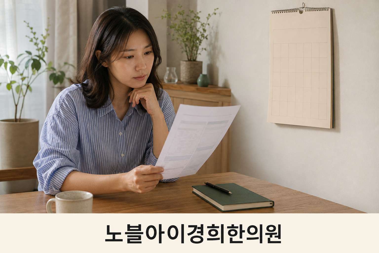성인 여성이 날짜 없는 달력 옆에서 결과 수치가 보이지 않는 검사 서류를 읽는 장면