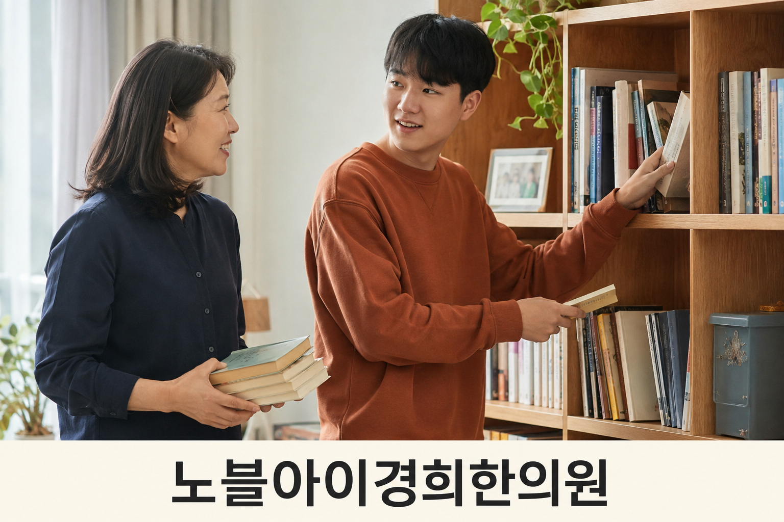 보호자와 청소년이 책장을 정리하며 서로 바라보고 이야기하는 장면