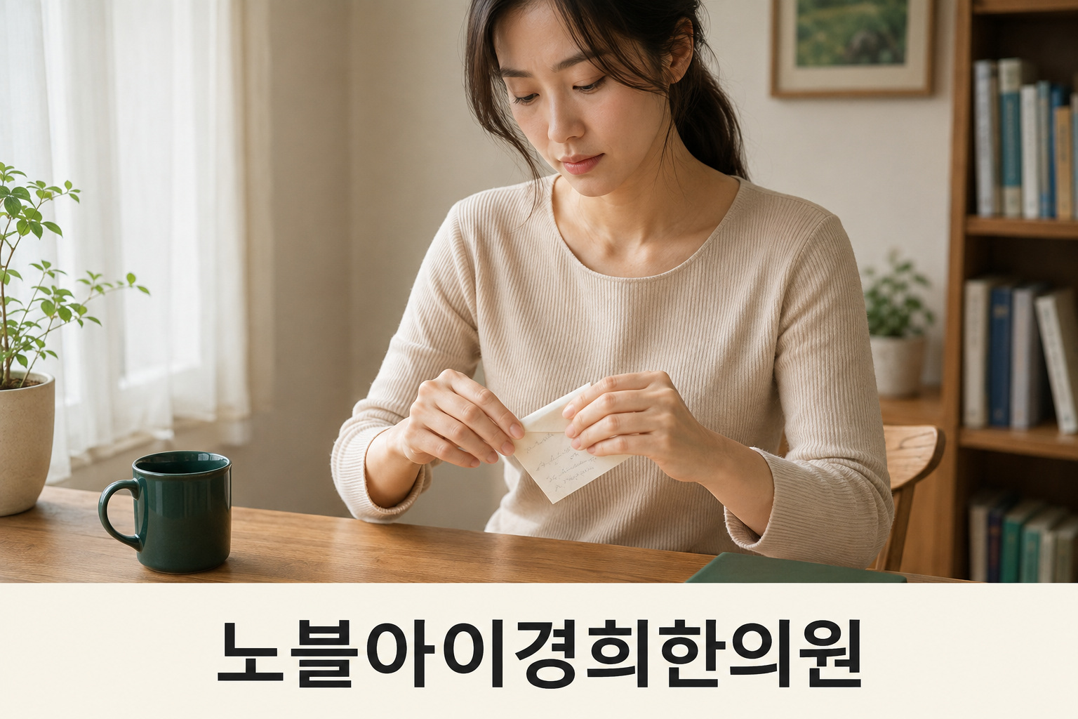 창가 책상에서 여성이 짧은 질문을 적은 작은 종이를 접는 장면