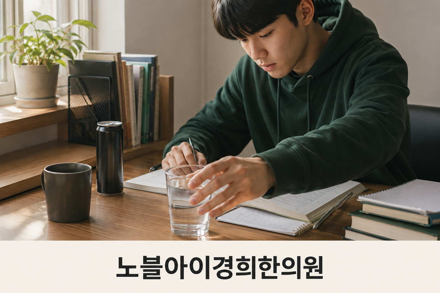 책상에 커피잔과 닫힌 음료 캔을 둔 학생이 물컵을 가까이 당기는 장면