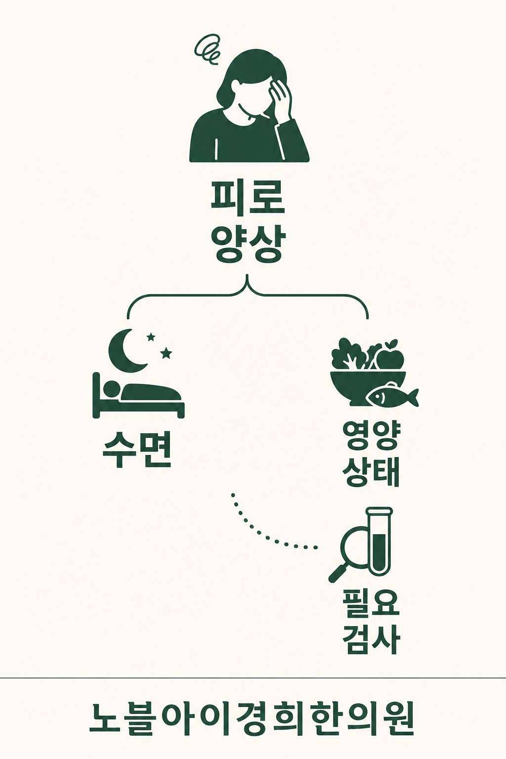 피로 양상에서 수면과 영양 상태를 살피고 필요한 검사를 별도로 고려하는 평가 도식
