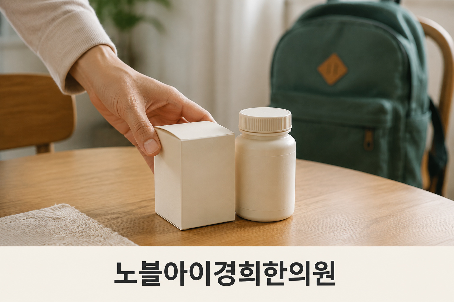 학교 가방이 놓인 식탁에서 성인의 손이 닫힌 두 제품을 옆으로 정리하는 장면