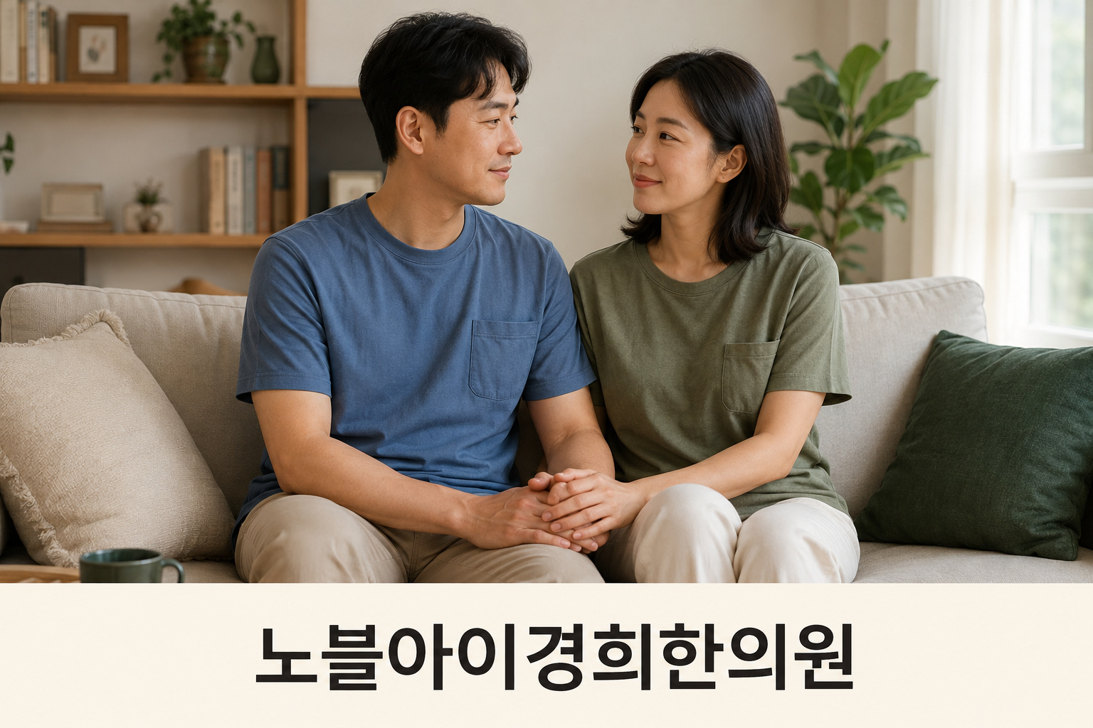 집 소파에 나란히 앉은 성인 두 사람이 손을 잡고 서로 바라보는 장면