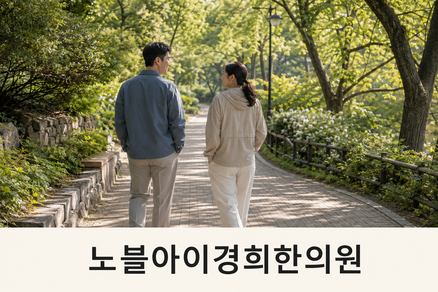햇빛이 드는 공원 산책로를 함께 걷는 두 성인의 뒷모습