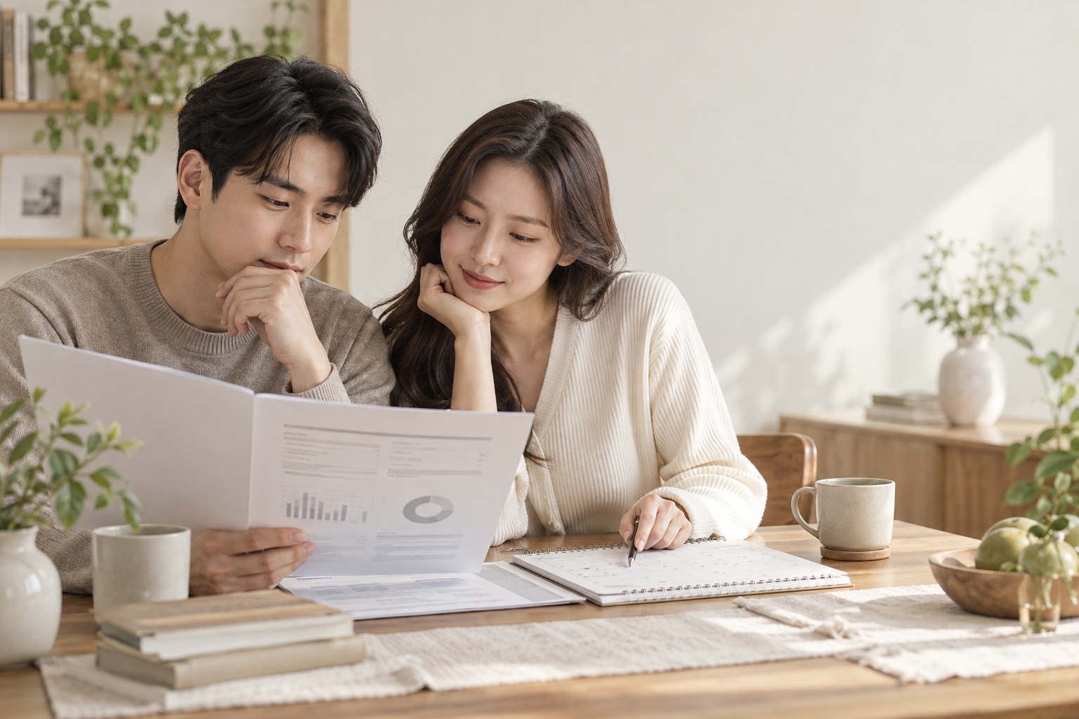 임신준비 중인 부부가 AMH 검사 결과와 생리 달력을 함께 확인하는 설명용 장면