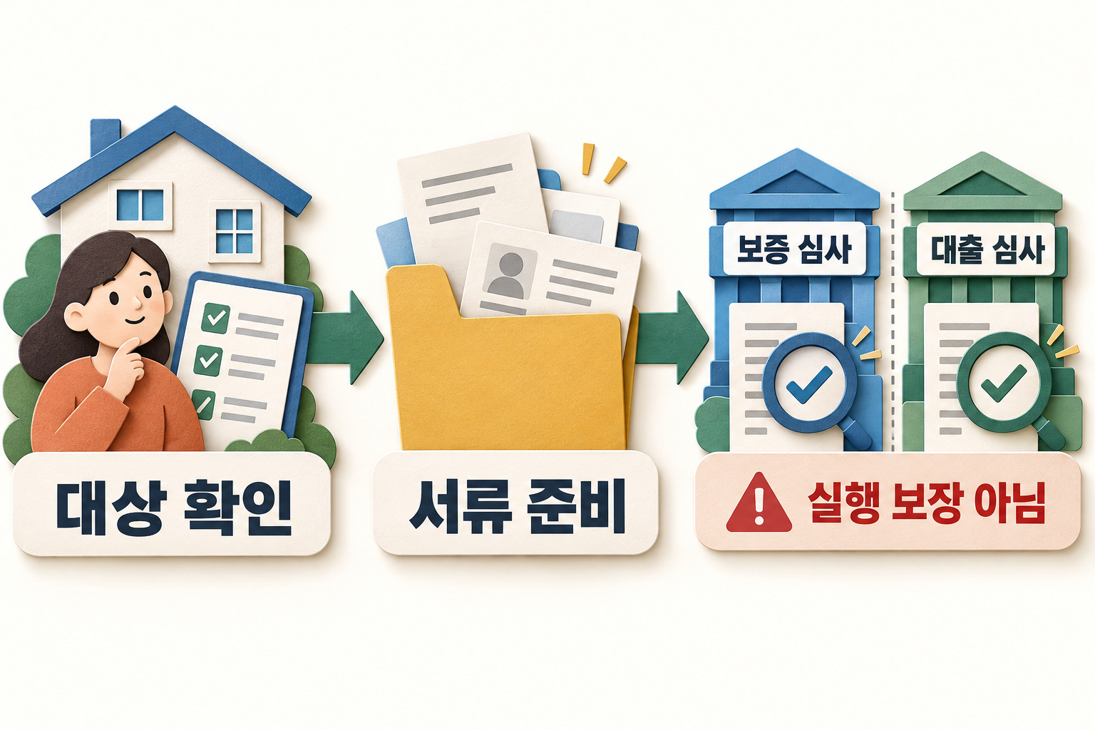대상 확인과 서류 준비 뒤 보증·대출 심사를 각각 거치며 실행은 보장되지 않음을 보여주는 인포그래픽