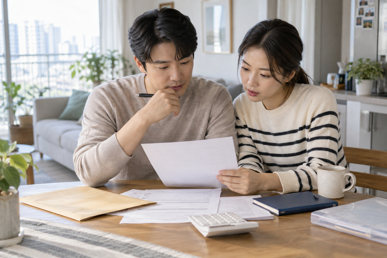 가정에서 전세금 지원 신청 서류를 함께 검토하는 설명용 연출 사진