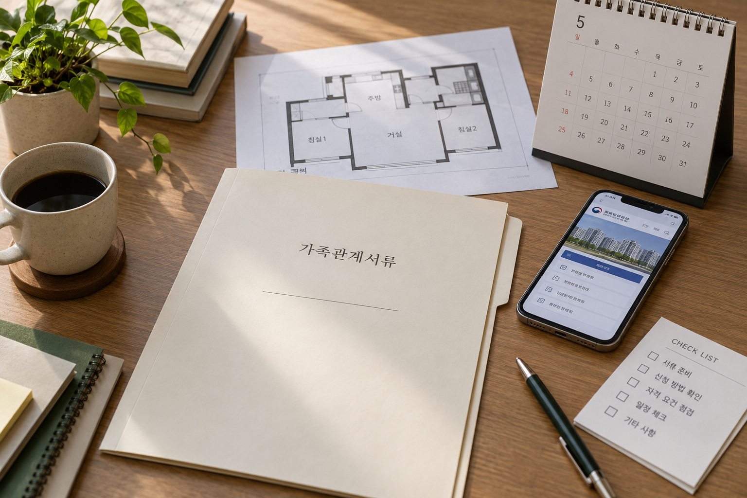 특별공급 신청 폴더와 평면도·달력·공식 안내 화면을 준비한 설명용 연출 사진