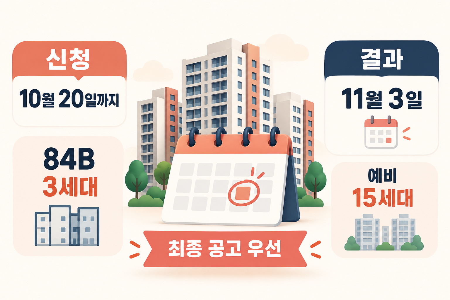 10월 20일 신청기한과 84B형 3세대·예비 15세대·11월 3일 결과를 보여 주는 인포그래픽