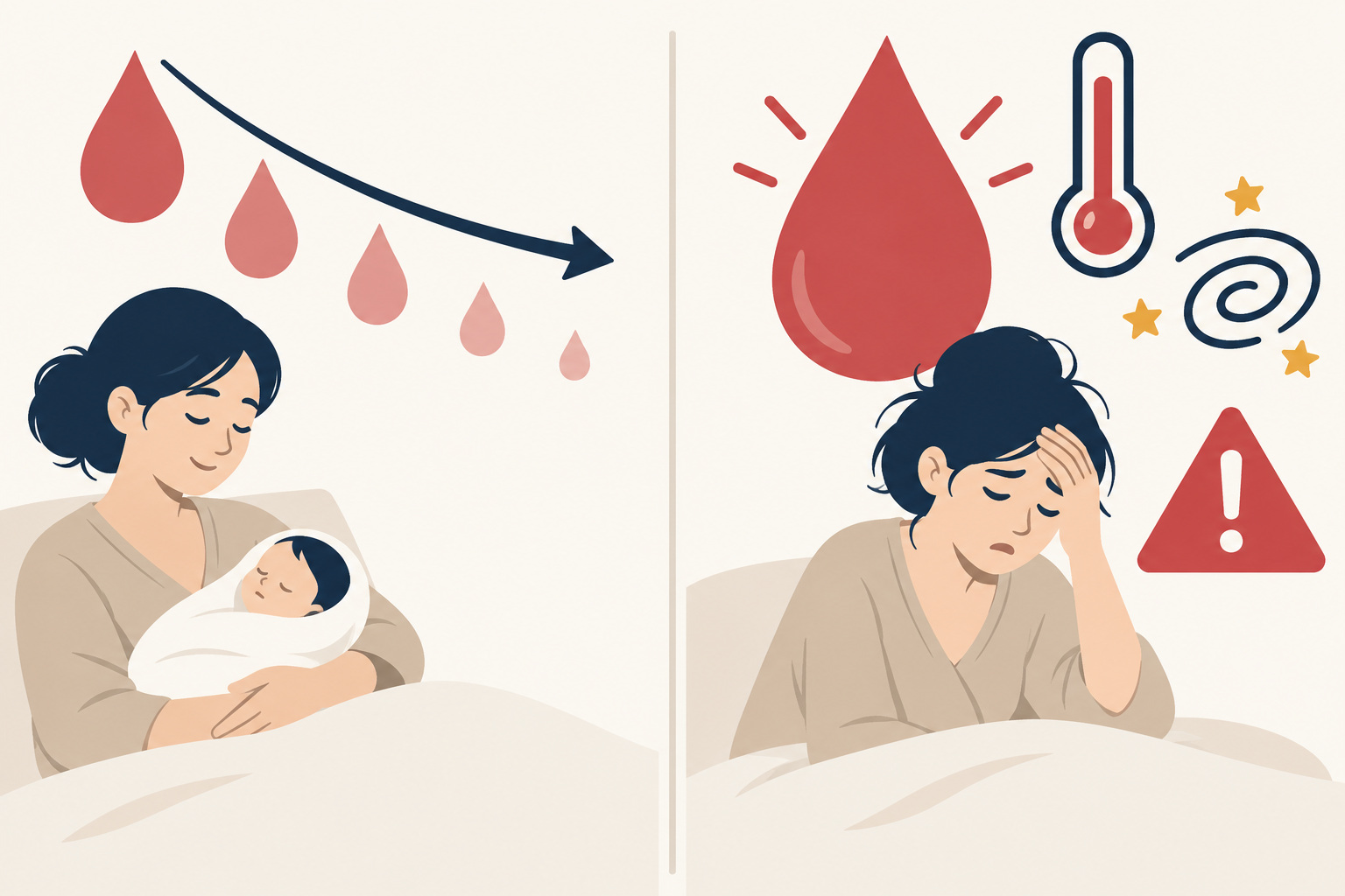 많은 출혈·큰 혈괴·어지럼·악취·발열을 빠른 평가 신호로 안내한 인포그래픽
