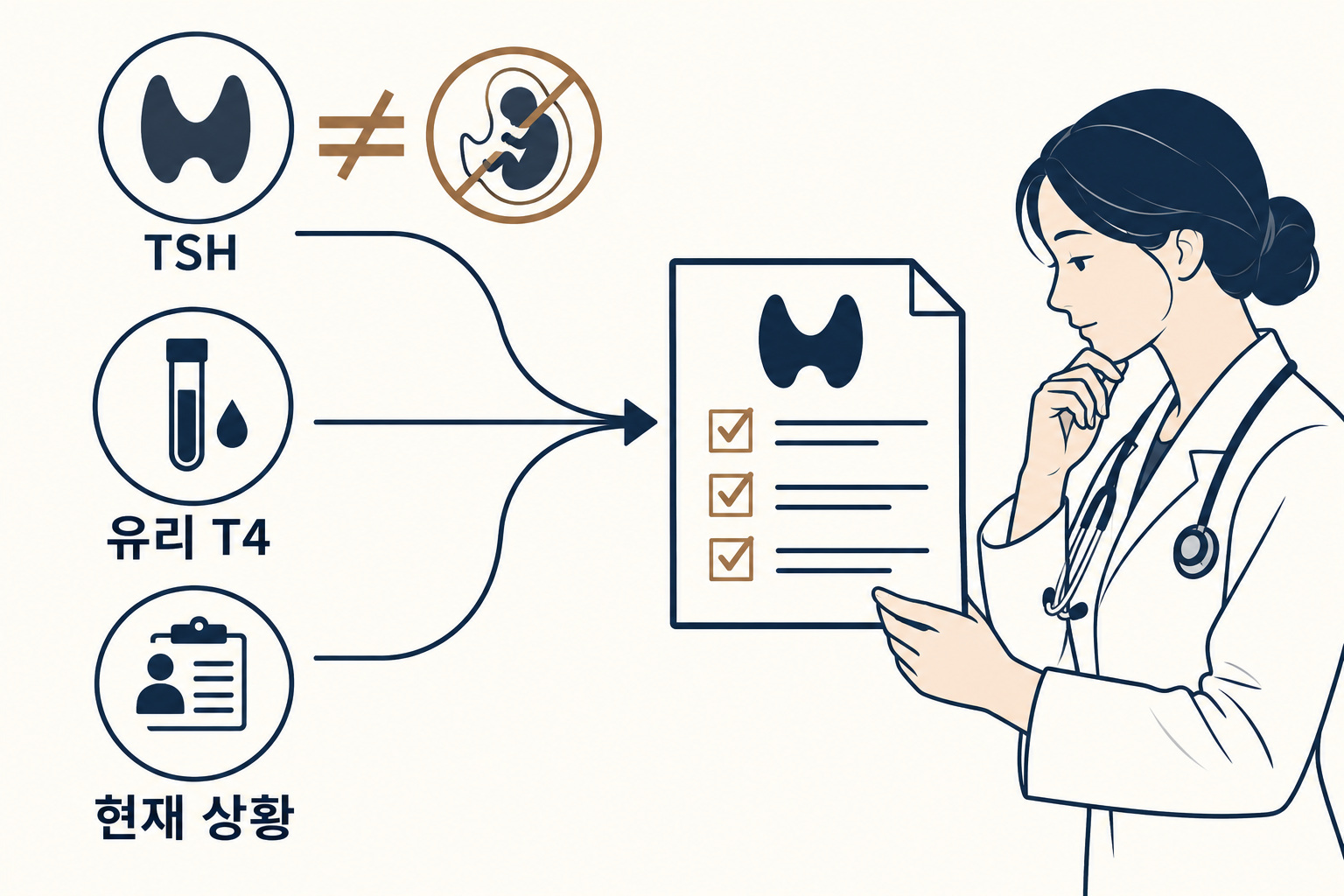 TSH·유리 T4·임신 상황을 함께 해석하라는 인포그래픽