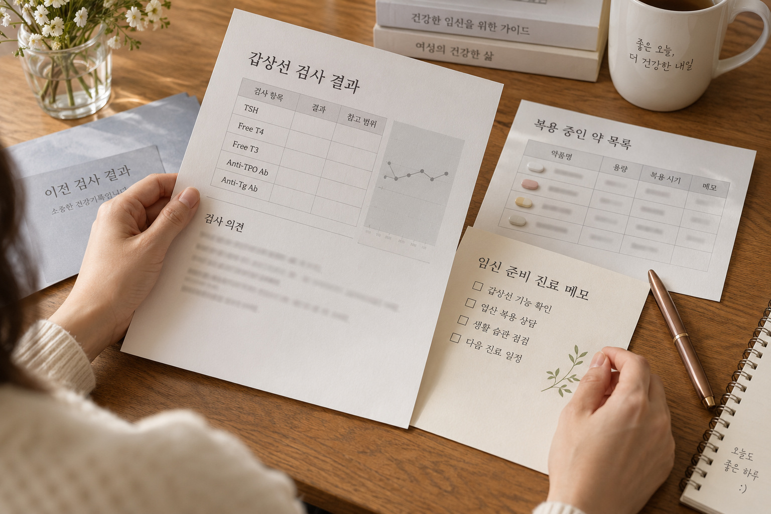 TSH와 유리 T4 검사 결과와 복용약 정보를 함께 정리하는 손과 기록지