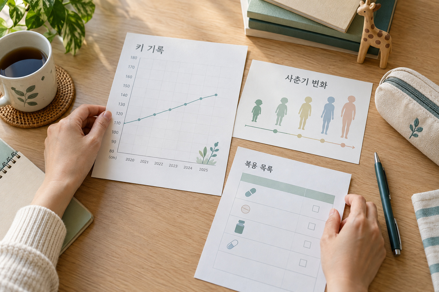 날짜별 키 기록과 사춘기 변화·복용약 목록을 정리하는 보호자의 손